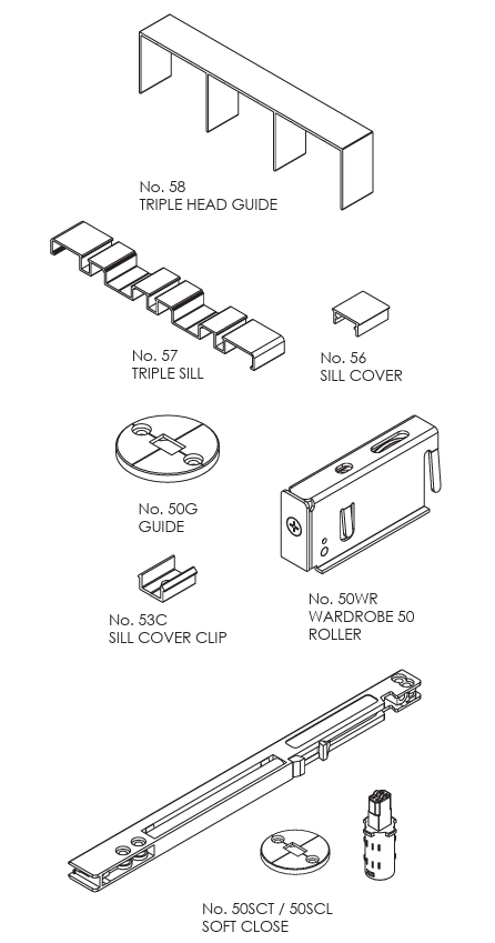 Triple Sliding: Wardrobe Roll Trio 50 For Bottom Rolling Sliding Panels. Max 50kg Each